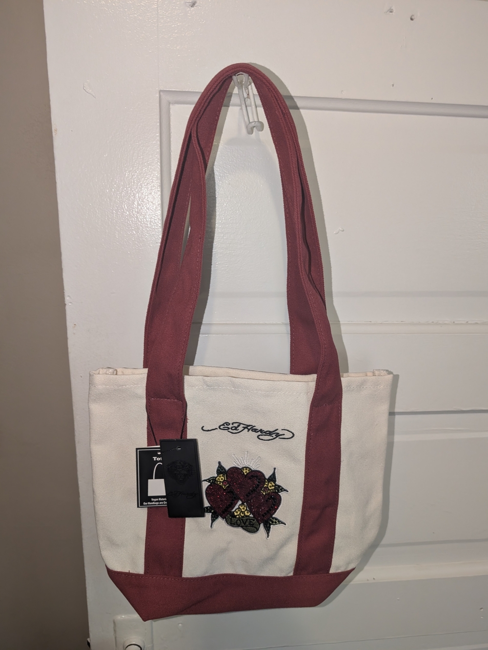 NWT Ed Hardy Sacred Heart Embroidered Canvas Tote Bag – Burgundy & Cream